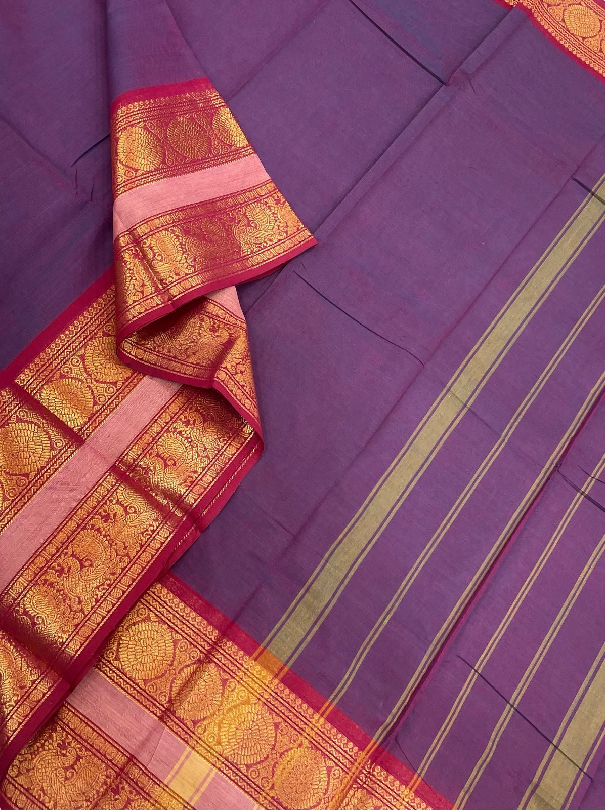 Kanchi soft cotton |zari mayil border | lavendar x red X pastel pink