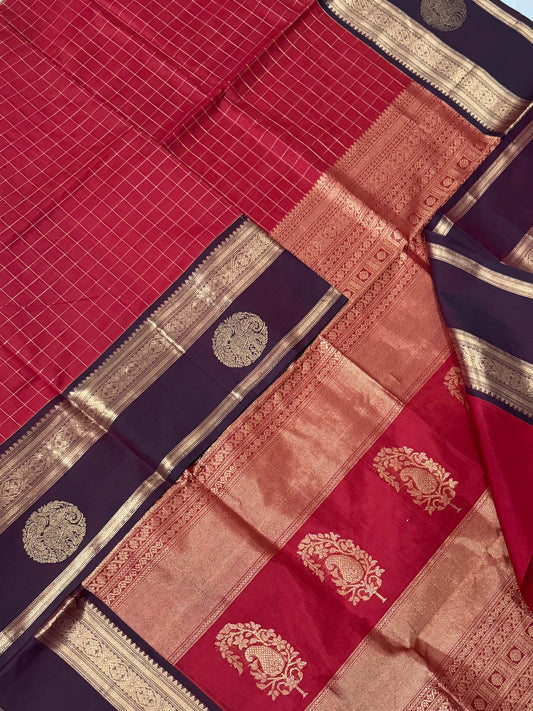 Kanchi Silk Cotton Sarees | kattam X yaanai mayil Zari border | red x aaraku zari border | NKV20