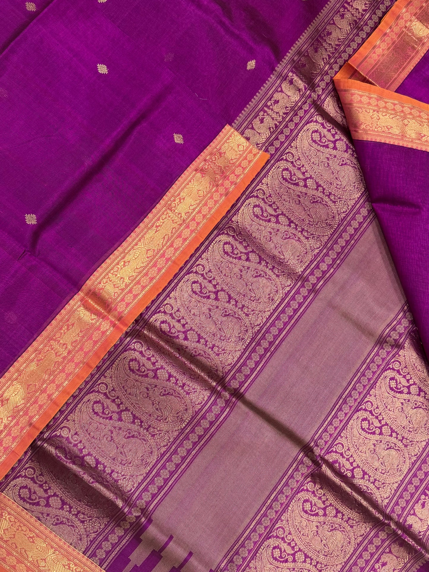 Kanchi Silk Cotton Sarees | zari tiny border x tiny BUTTA  | magenta pink X orange