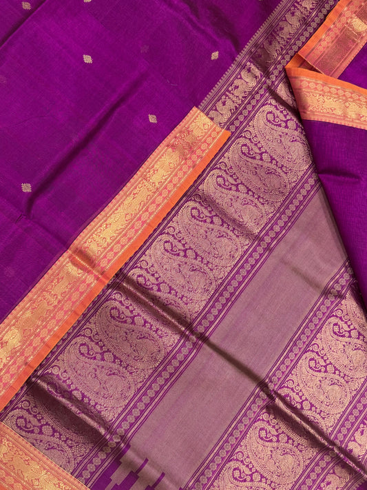 Kanchi Silk Cotton Sarees | zari tiny border x tiny BUTTA  | magenta pink X orange