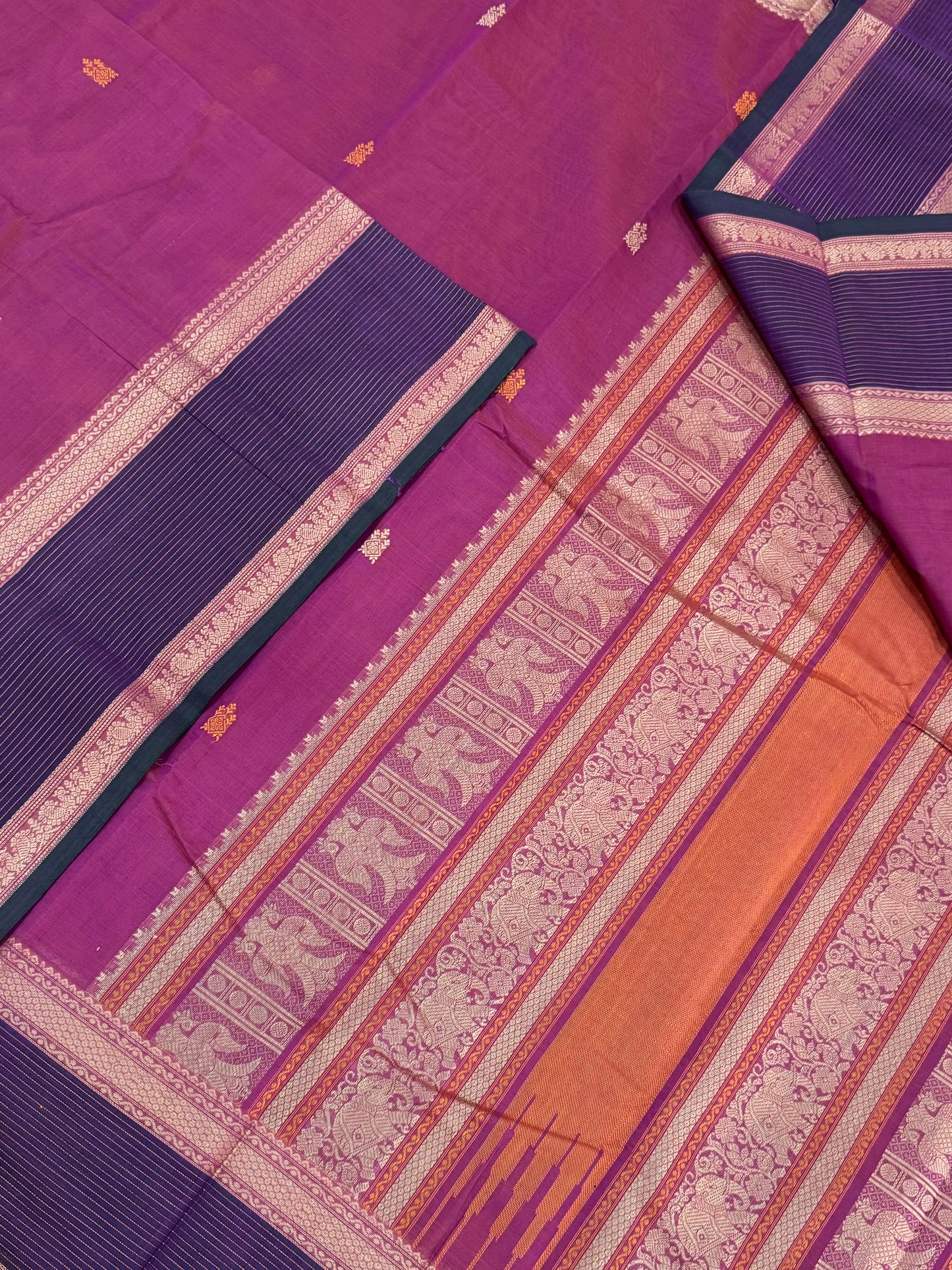 Pure Handloom Kanchi rich Cotton Saree | lotus blossom pink X violet | only thread border X oosi border