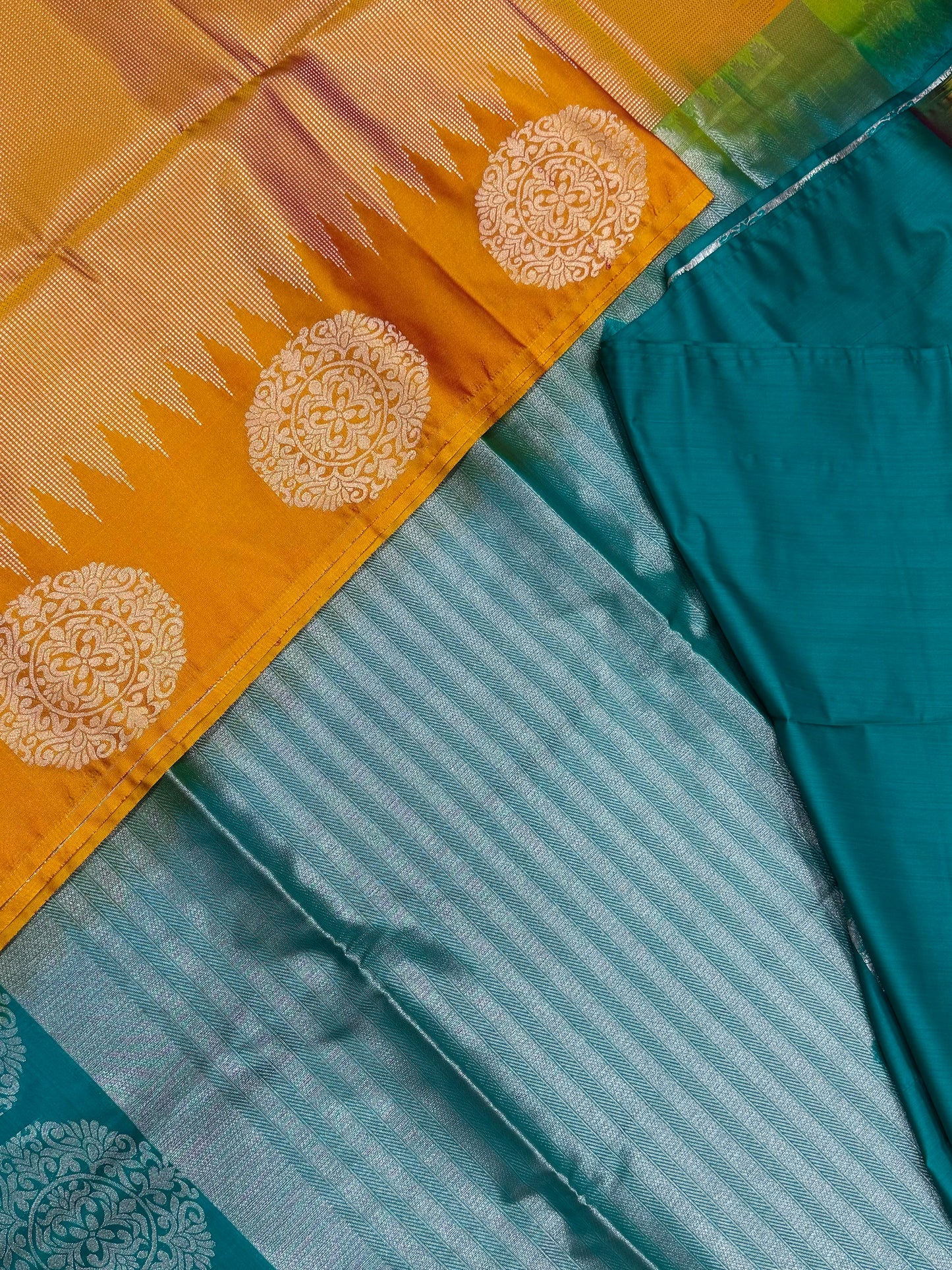 Vegan Silk Sarees Online | silver drop X chakram | orange X blue