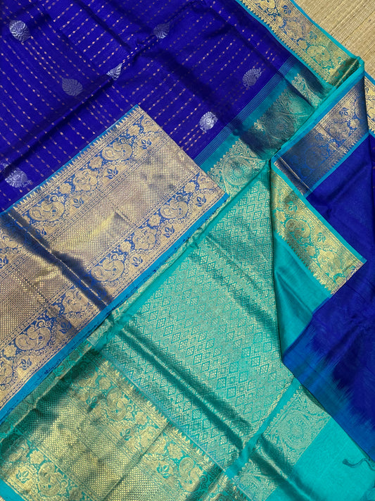 Kanchi Silk Cotton Sarees | silk cotton | royal blue X teal border | one side long Zari border