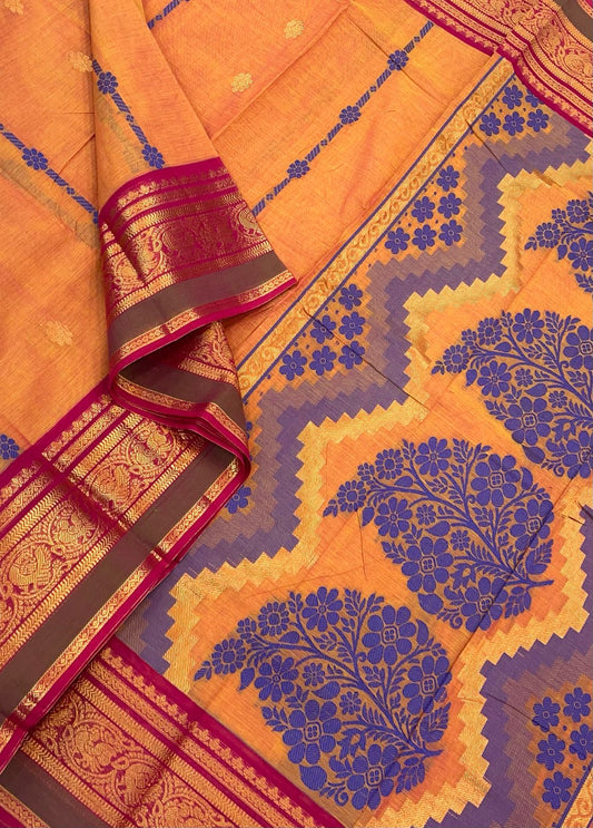 Kanchi soft cotton | orange x rich thread pallu | kanchipuram zari border