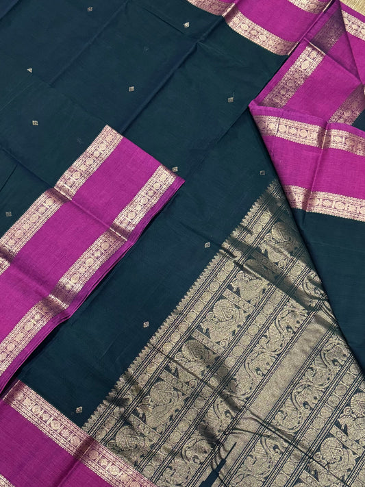 Pure Handloom Kanchi rich Cotton | rettaipet Zari woven border  |bottle green X pink | intricate rich Zari woven Pallu & borders