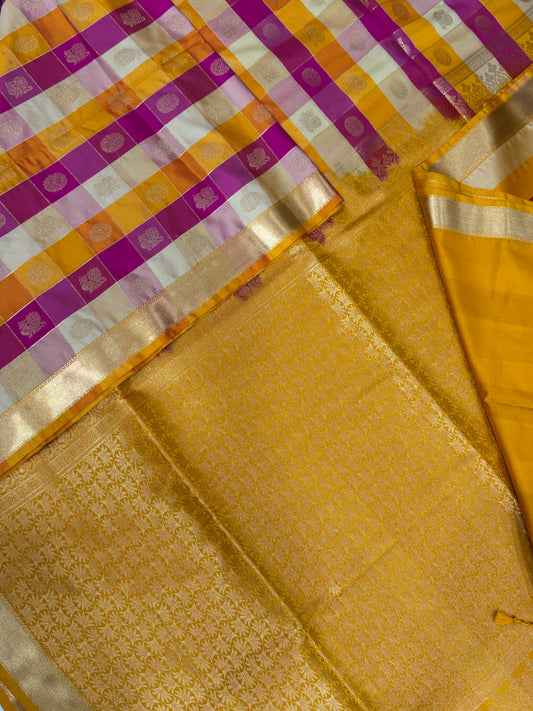 Vegan Silk Sarees Online | Palum Pazhamum kattam X gold | pink X manjal X white