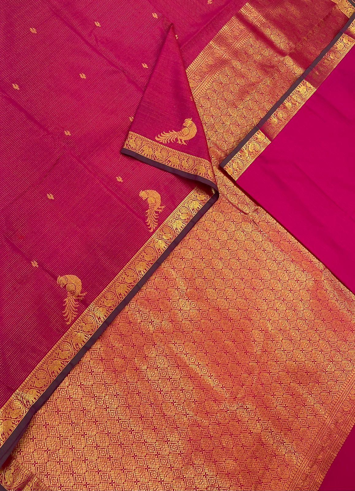 Semi Silk soft Cotton Sarees | vairaoosi X parrot x tiny zari border | rani pink X green X gold | NKV11