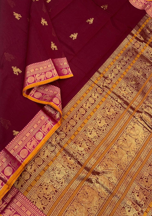 Kanchi mercerised soft cotton |rich zari border x maan butta| aaraku x manjal| MC10