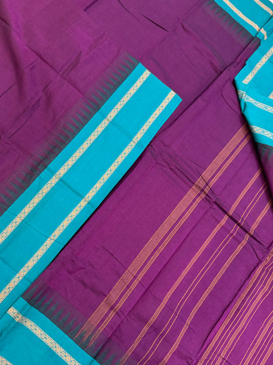 Pure Handloom Kanchi rich Cotton Saree | Violet X bluish green  | thread Korvai  border