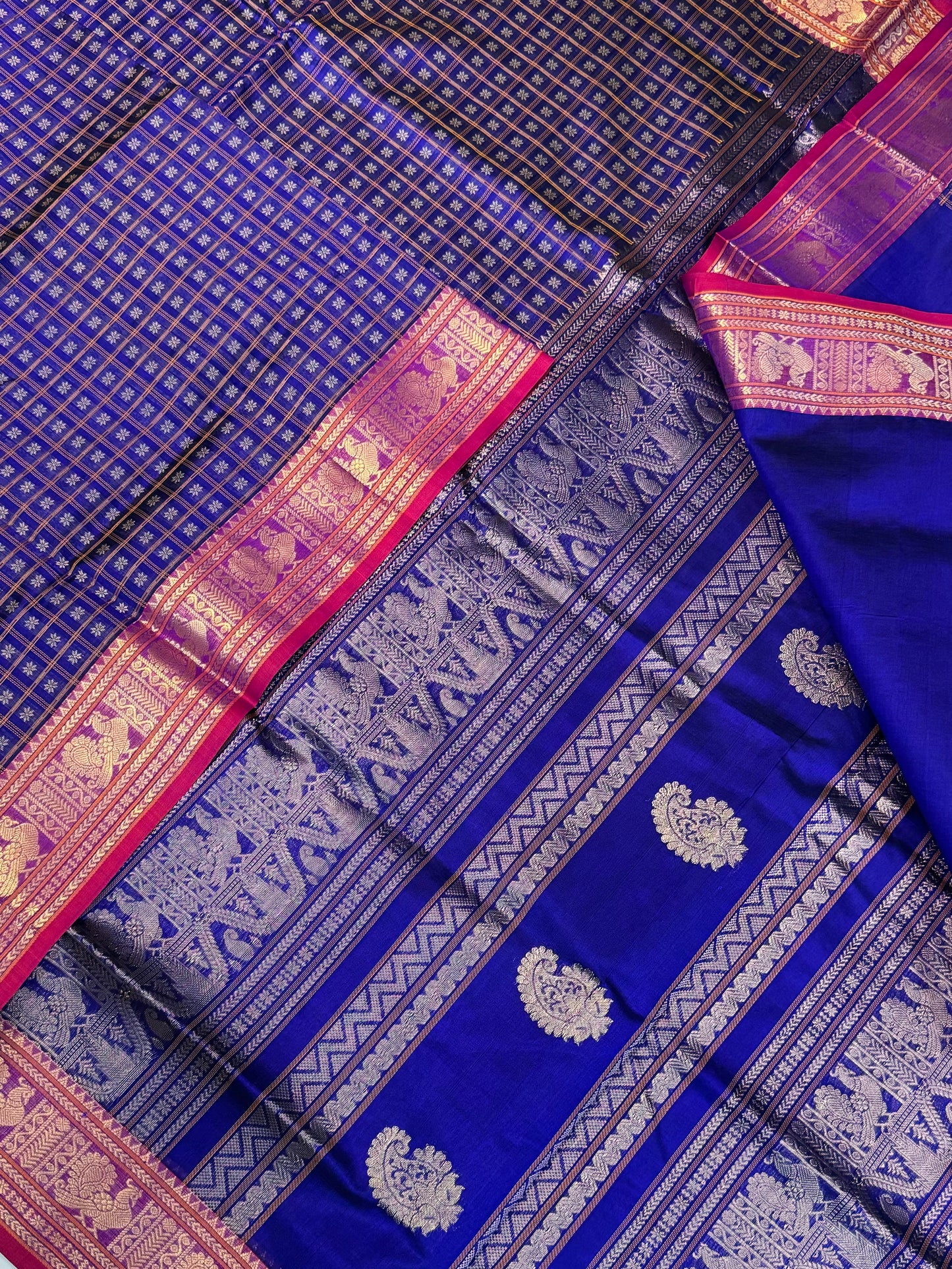Kanchi Silk Cotton Sarees | 1000 butta  X rich zari pallu X zari border | royal blue X pink