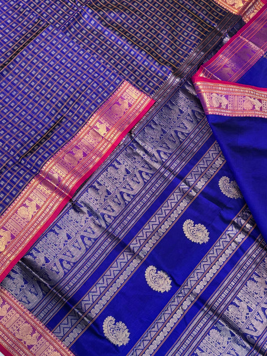 Kanchi Silk Cotton Sarees | 1000 butta  X rich zari pallu X zari border | royal blue X pink