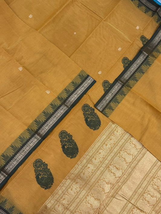 Pure Handloom Kanchi rich Cotton Saree | tiny Zari border X  temple border X mayil butta| Manjal X green | intricate Zari woven Pallu