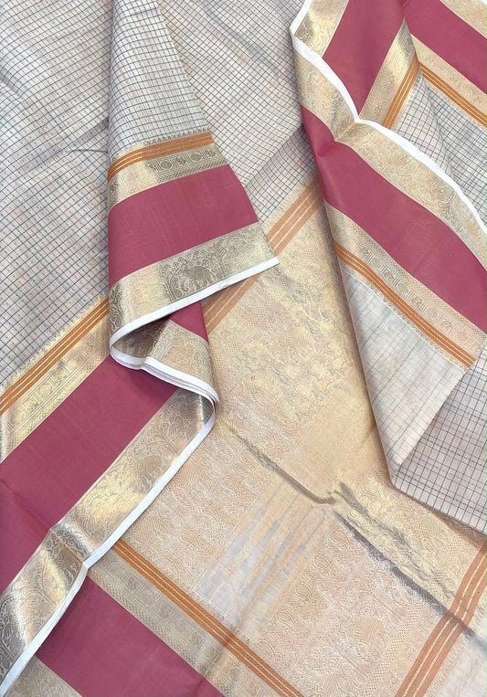 Kanchi Silk Cotton Sarees | 1000 butta  X rich zari pallu X zari rettaipet border | cream  X blush pink