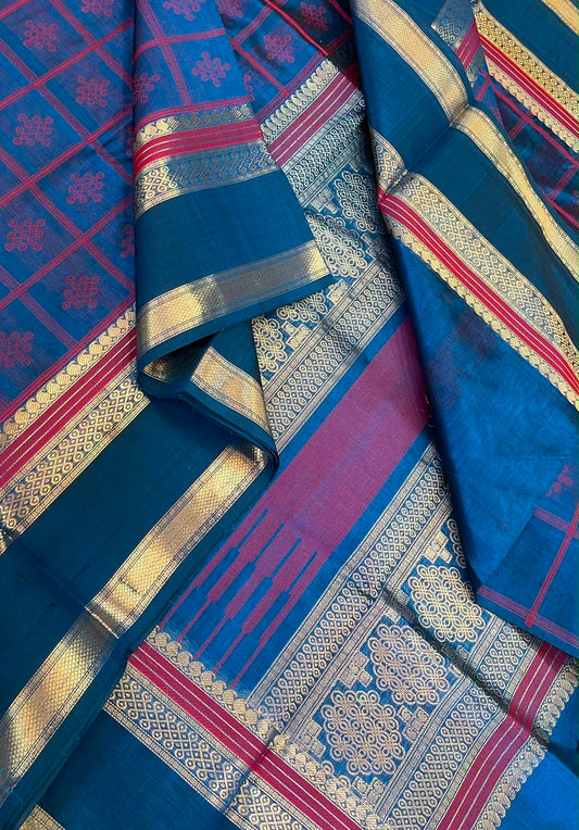 Kanchi Silk Cotton Sarees | 1000 kolam butta  X rich zari pallu X zari rettaipet border | blue X red