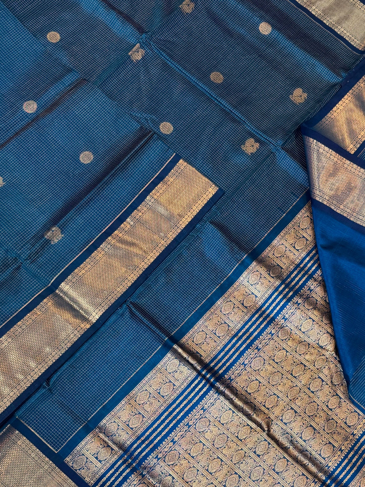 Kanchi Silk Cotton Sarees | luxury silk cotton | VAIRAOOSI muthukattam X mayil X chakram | blue x gold NKV37