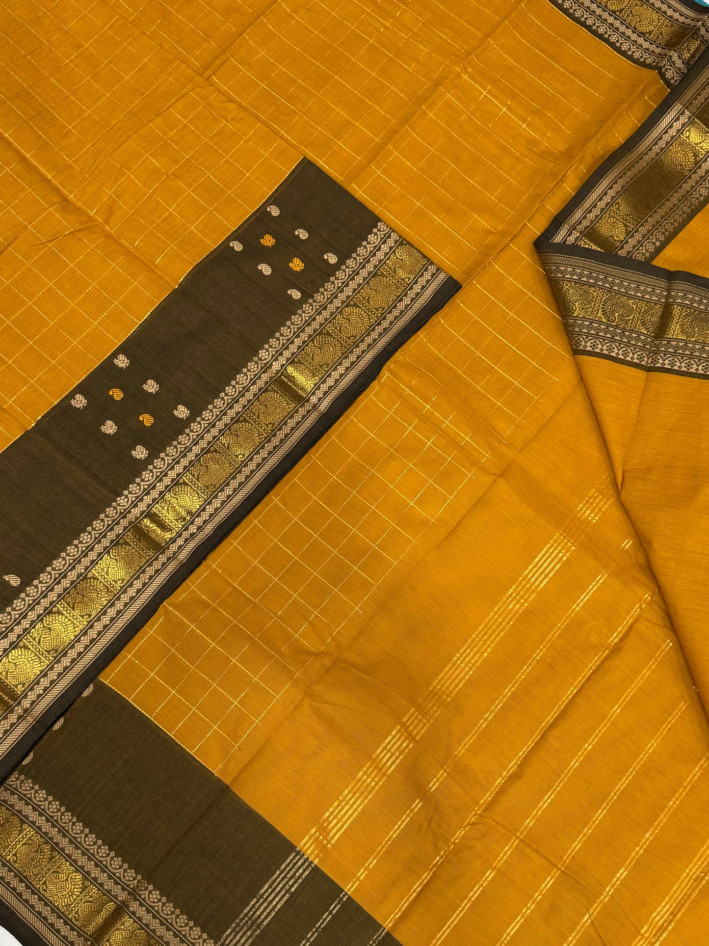 Kanchi soft cotton | zari kattam | mustard X grey