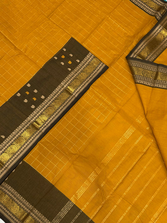 Kanchi soft cotton | zari kattam | mustard X grey