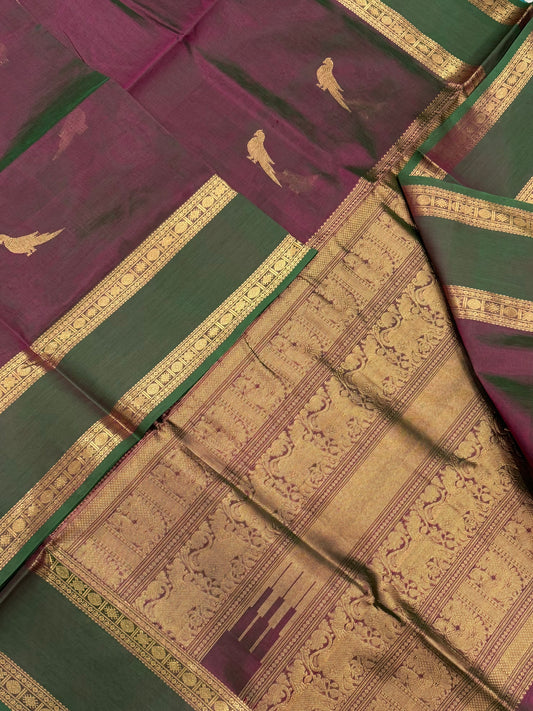 Kanchi Silk Cotton Sarees | killi motifs | twotone pink x green