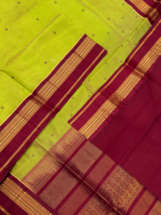 Korvai Kanchi Silk Cotton Sarees | green x marron | rettaipet X Zari border | NKV31