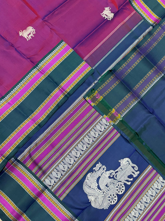 Pure Kanjivarams | zero zari | gomatha X thaer pallu butta |burgandy pink x peacock green | Handwoven luxury x 4 ply master weave | NKV35