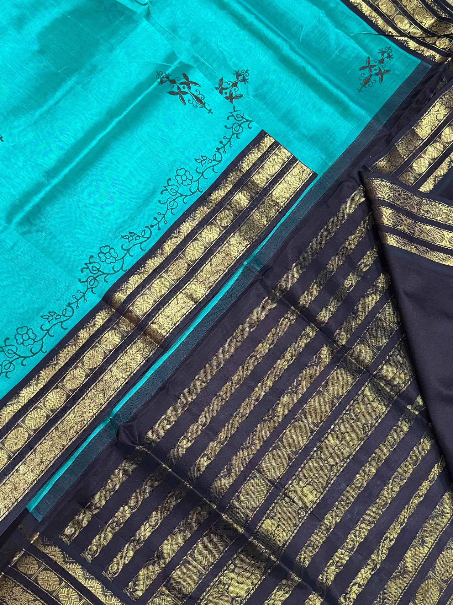 Kanchi Silk Cotton Sarees | block print | sea blue X black X Zari border