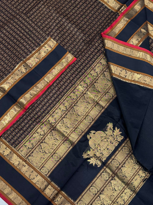 Kanchi Silk Cotton Sarees | 1000 butta x eruthalapakshi pallu|  black X red |NKV31