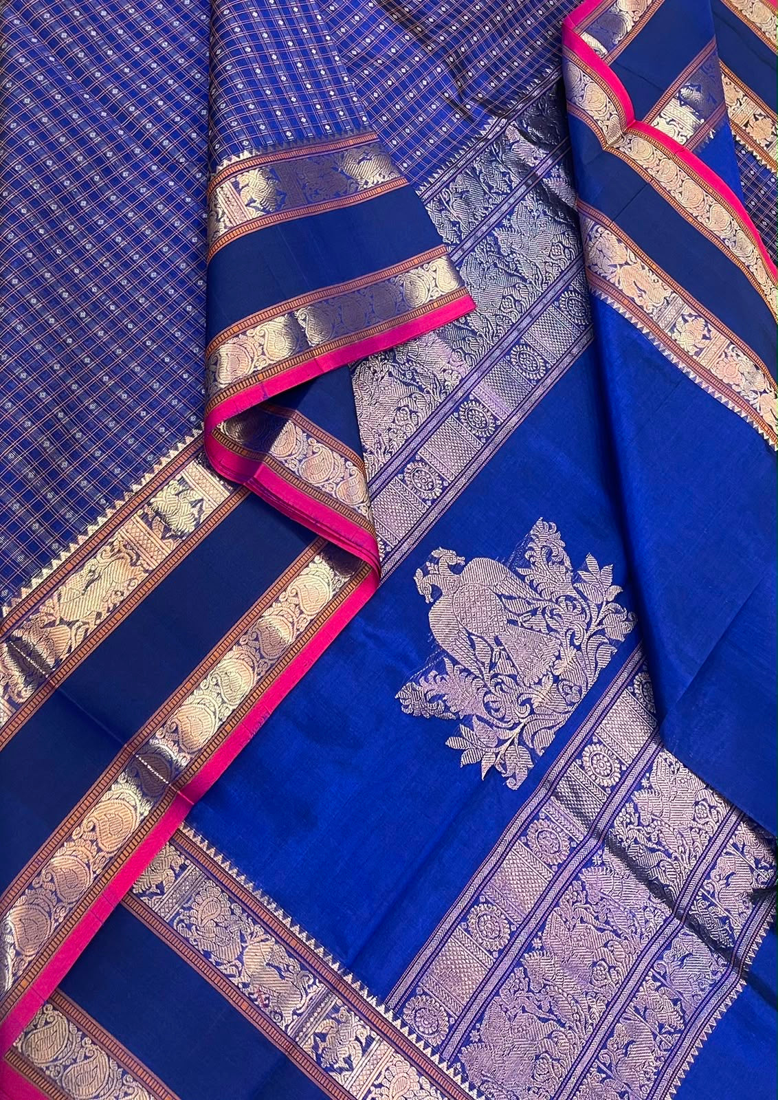 Kanchi Silk Cotton Sarees | 1000 butta  X rich zari eruthalapakshi pallu X zari rettaipet border | royal blue X red