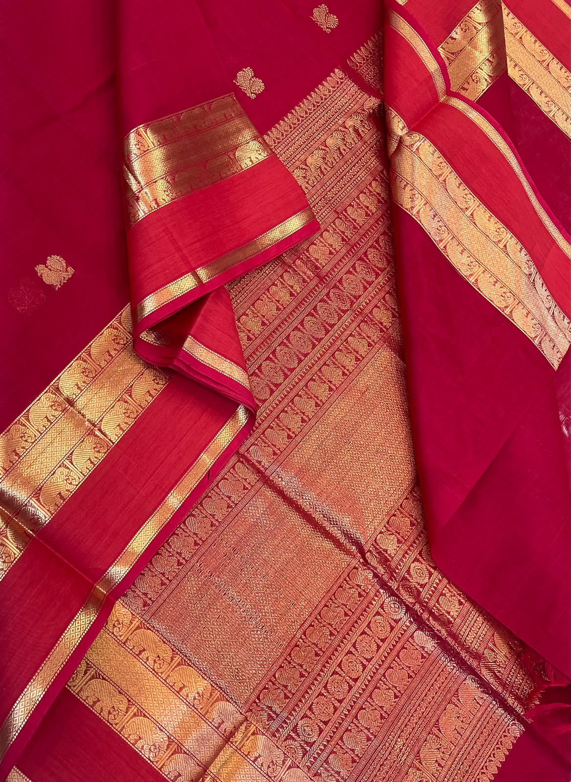 Kanchi Silk Cotton Sarees | luxury silk cotton | mayil motif x yaanai border | red X gold