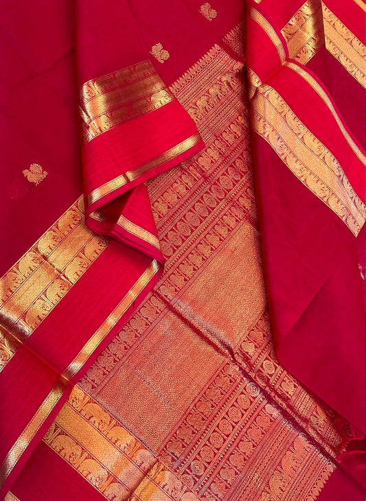 Kanchi Silk Cotton Sarees | luxury silk cotton | mayil motif x yaanai border | red X gold