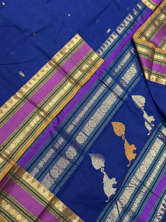 Pure Handloom Kanchi rich Cotton Saree | blue X pink X mustard | zari border X elephant pallu