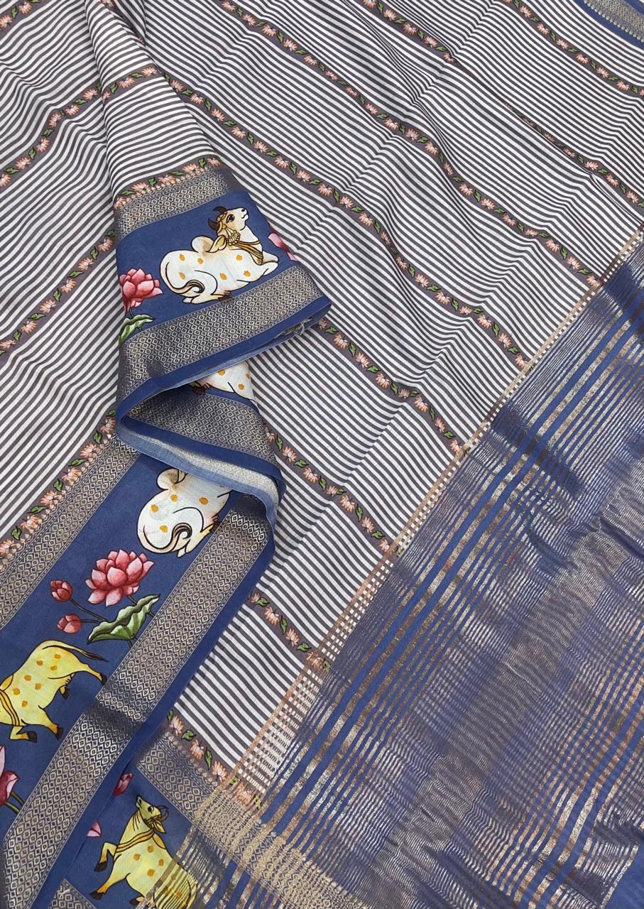 Premium Chanderi silk  | pichwai lotus x zari border | blue | NKV24