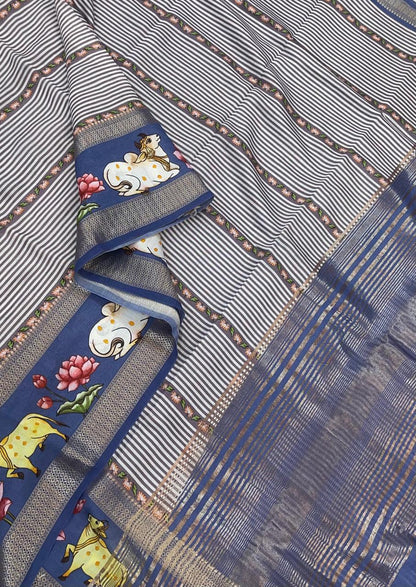 Premium Chanderi silk  | pichwai lotus x zari border | blue | NKV24