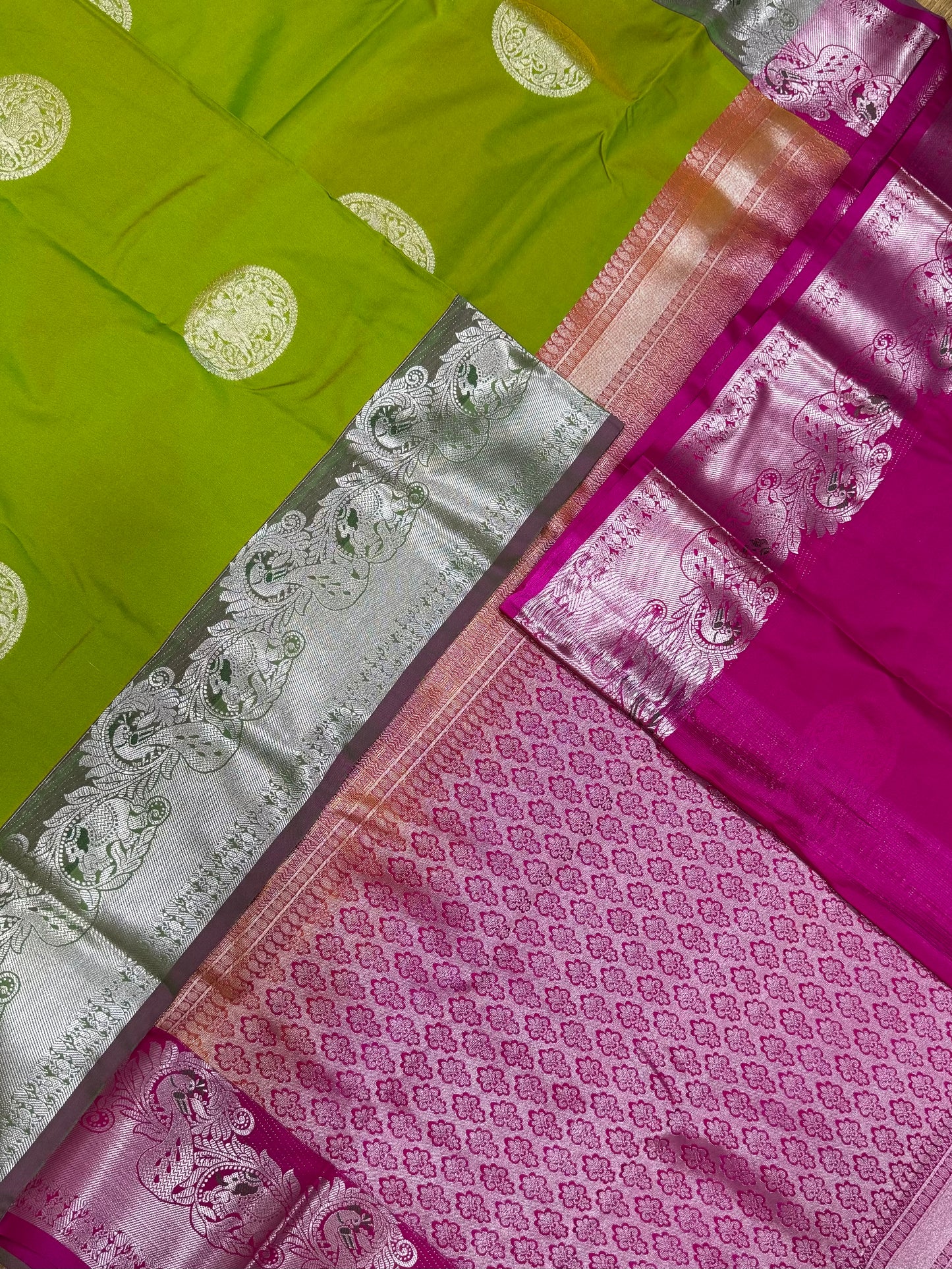 Vegan Silk Sarees Online | leaf green X Rani pink