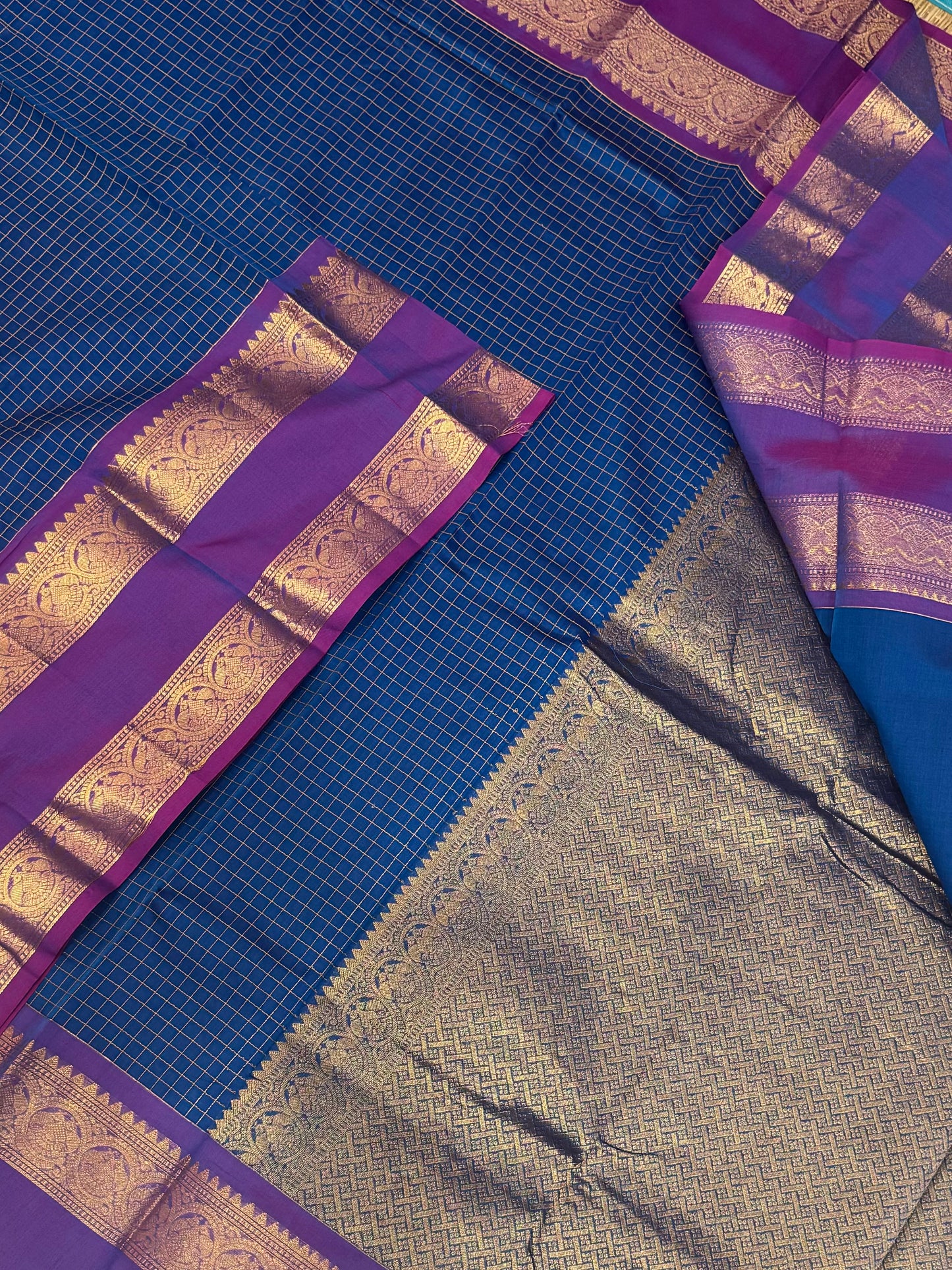 Kanchi soft cotton | thread podi kattam X Zari eruthalapakshi rettaipet border | blue X violet