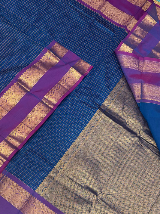 Kanchi soft cotton | thread podi kattam X Zari eruthalapakshi rettaipet border | blue X violet