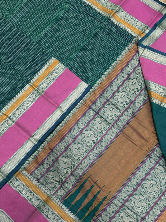 Kanchi handloom rich cotton |1000 BUTTA mallai thulli X thread rettaipet border | green x pink x mustard