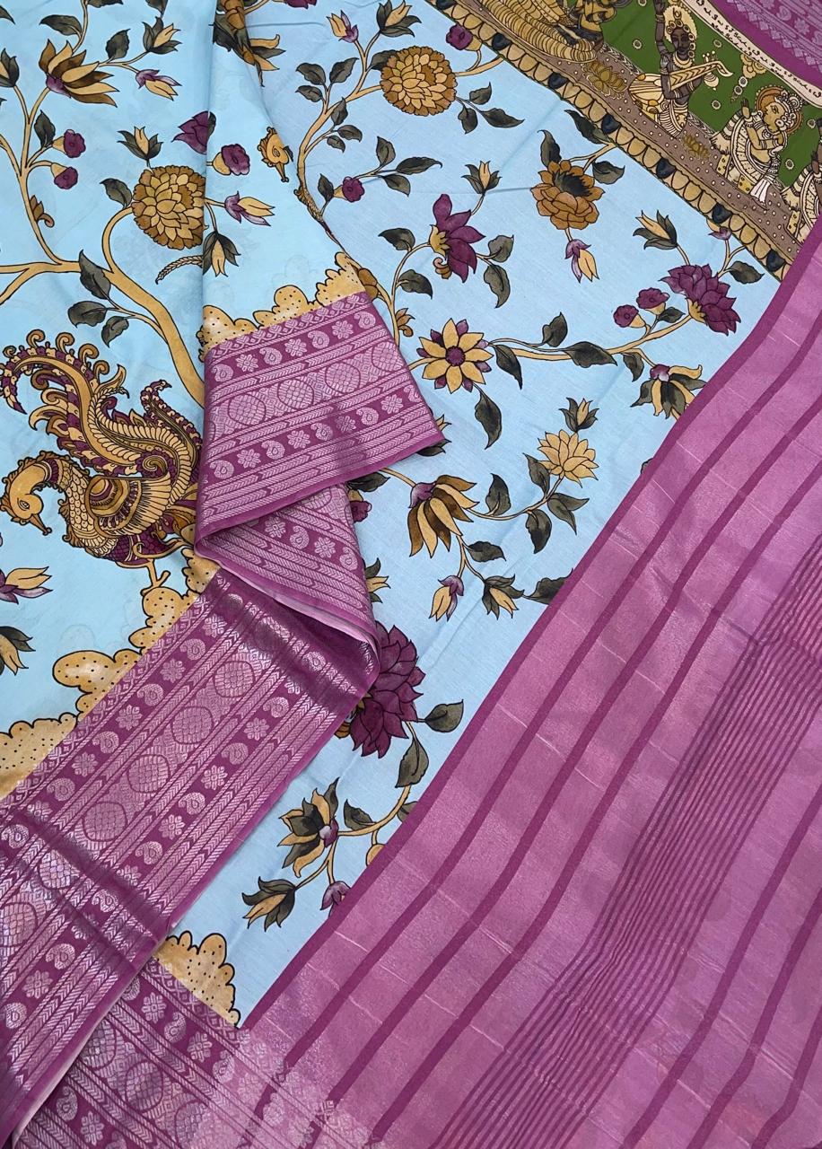 Ponduru soft Cotton silk | storytelling saree X floral| blue X pink |NKV27