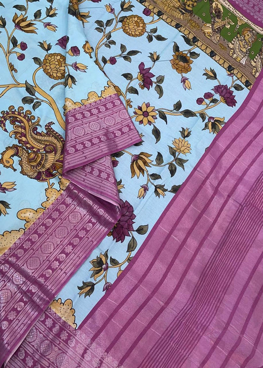 Ponduru soft Cotton silk | storytelling saree X floral| blue X pink |NKV27