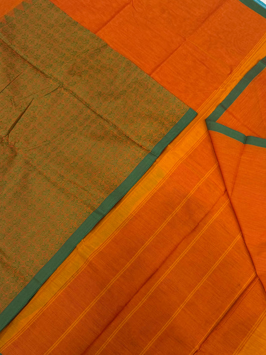 Kanchi soft cotton | mayil chakram X half and half border| orange X green