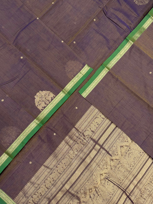 Pure Handloom Kanchi rich Cotton Saree | tiny Zari border X  mayil yhazli X mayil butta| two tone brown X green | intricate Zari woven Pallu