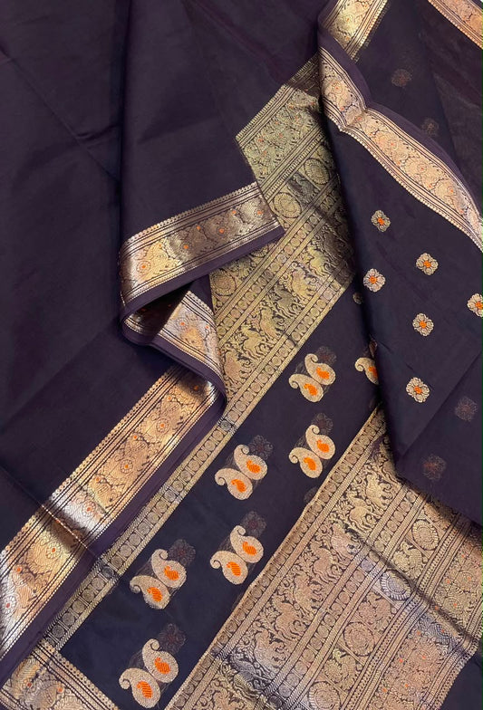 Kanchi Silk Cotton Sarees | luxury silk cotton | tiny meena border  X blouse meena motif   | coffee brown x gold