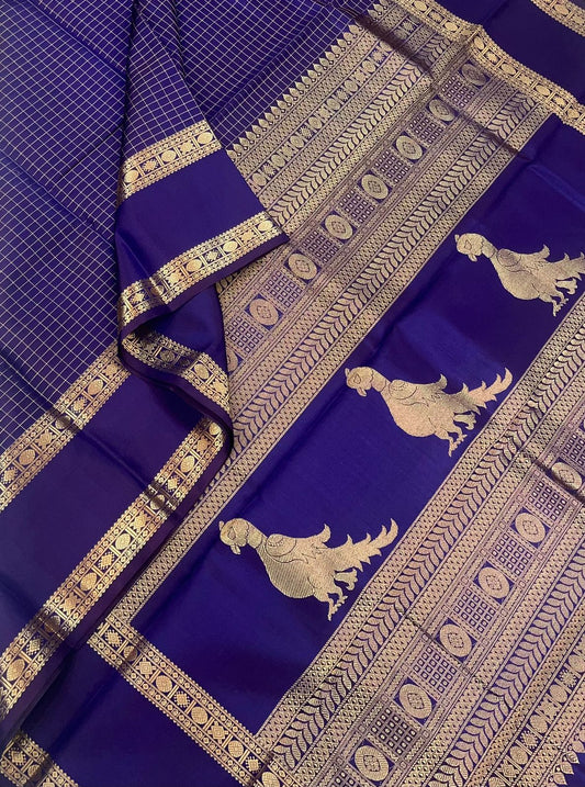 Pure Kanjivarams | Royal blue X Kalakshetra killi| Handwoven luxury x 4 ply