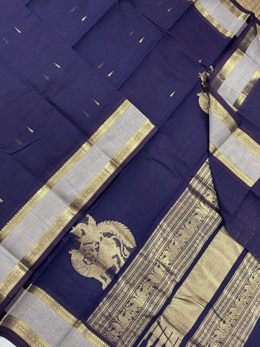 Pure Handloom Kanchi rich Cotton Saree | navy blue X grey | intericate weave Zari rettaipet border