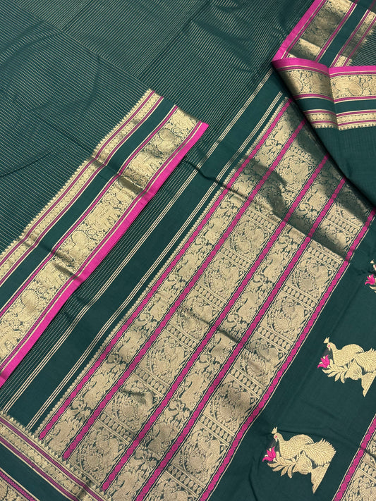 Pure Handloom Kanchi rich Cotton Saree | zari oosi vanam X rich border | green X pink