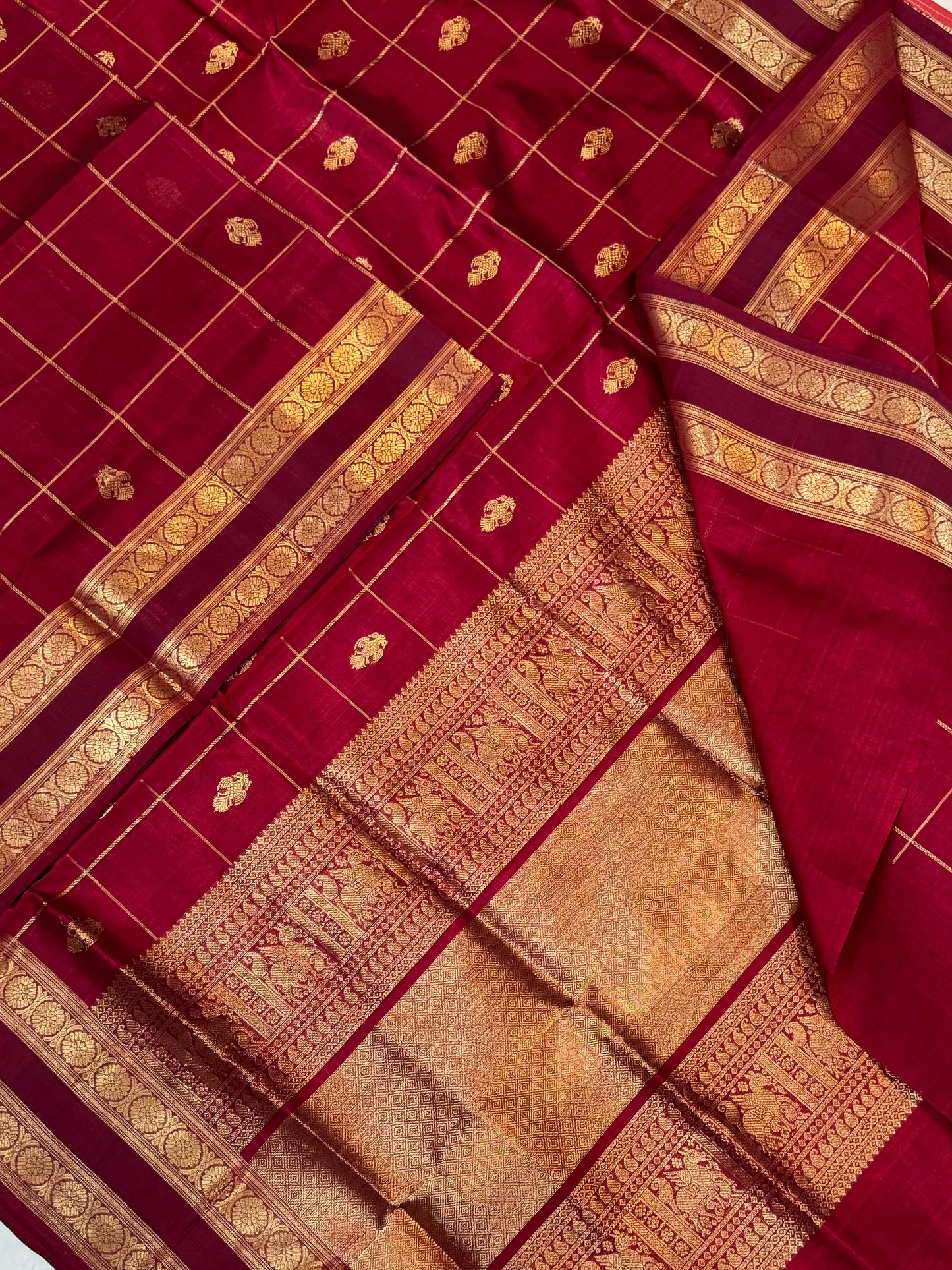 Kanchi Silk Cotton Sarees | gandaberunda motif X kattam X rettaipet zari woven border | marron shade X gold