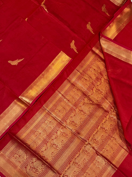 Kanchi Silk Cotton Sarees | killi motifs | orange X gold