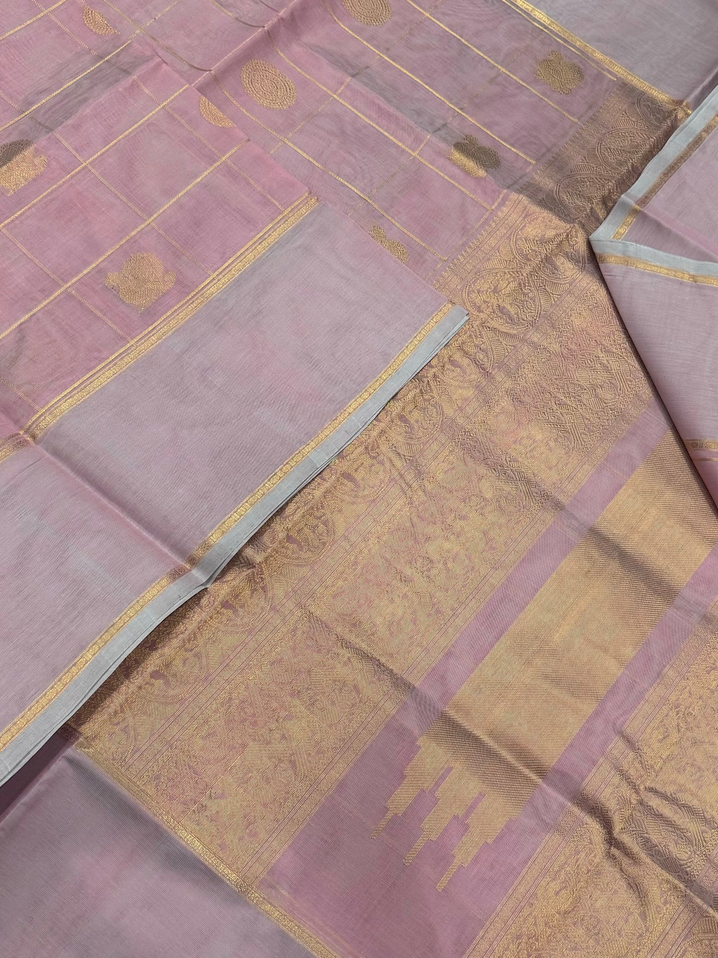 Kanchi Silk Cotton Sarees | luxury silk cotton | kattam x chakram X mayil X rettaipet border | pastel pink X gold NKV37