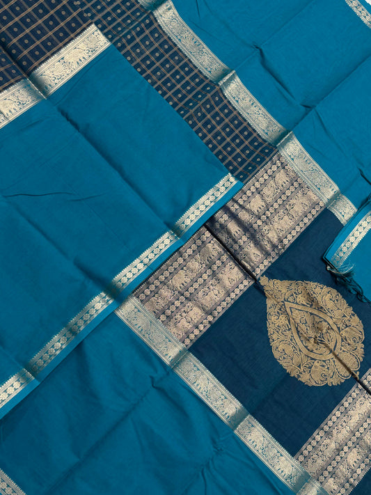 Pure Handloom Kanchi rich Cotton Saree | 1000 BUTTA X muppagam | vanasingaram thilagam pallu | blue