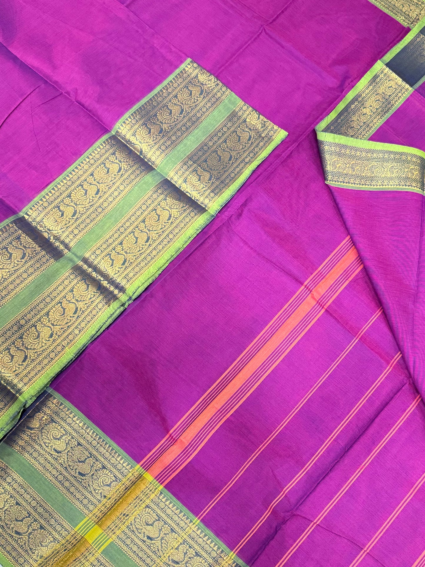 Kanchi soft cotton | magenta pink x teal green |  rettaipet zari border