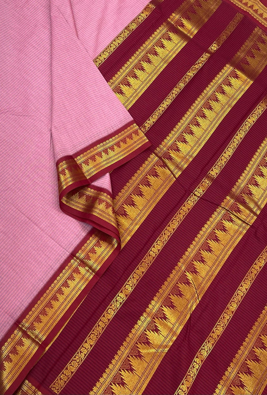 Semi Silk soft Cotton Sarees | Zari border | pastel pink X marron | NKV11